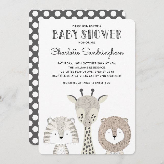 Baby shower Jungle moderne Safari Invitation minim (Devant / Derrière)