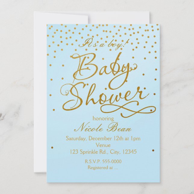 BABY SHOWER Light Bleu & Or Confetti Invitation (Devant)