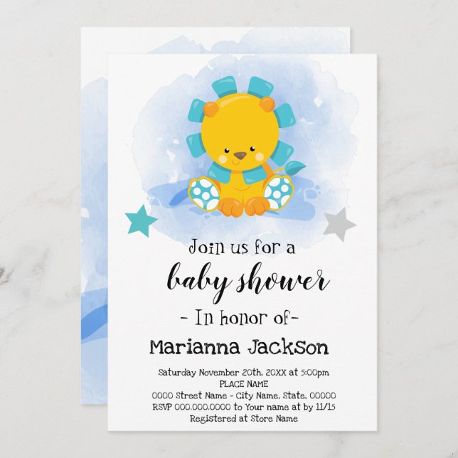 Baby shower Lion Bleu Invitation (Devant / Derrière)