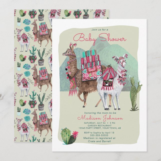 Baby Shower | Llamas & Cactus | Cartes d'invitatio (Devant / Derrière)