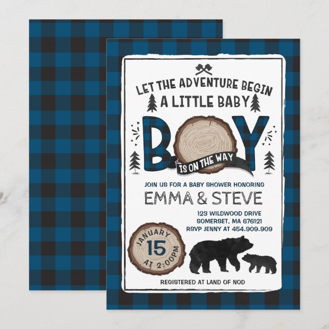 Baby shower Lumberjack Invitation Lumberjack (Devant / Derrière)