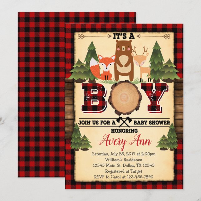 Baby shower Lumberjack Woodland Invitation de l'in (Devant / Derrière)