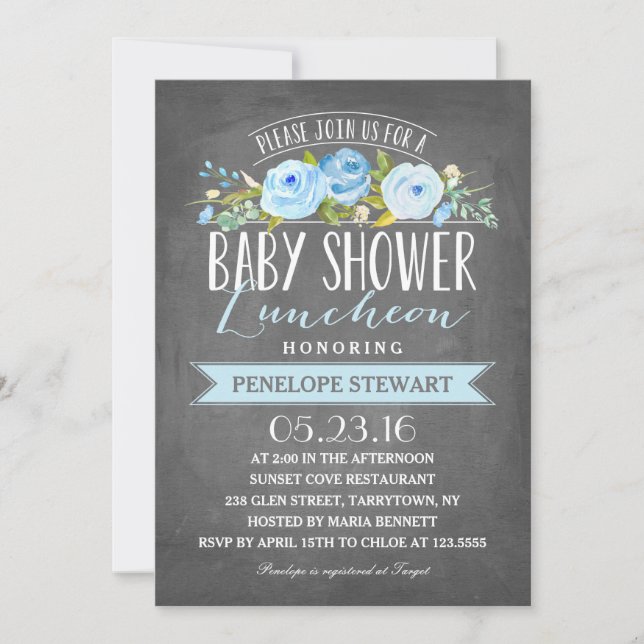 Baby shower Luncheon bleu | Invitation baby shower (Devant)