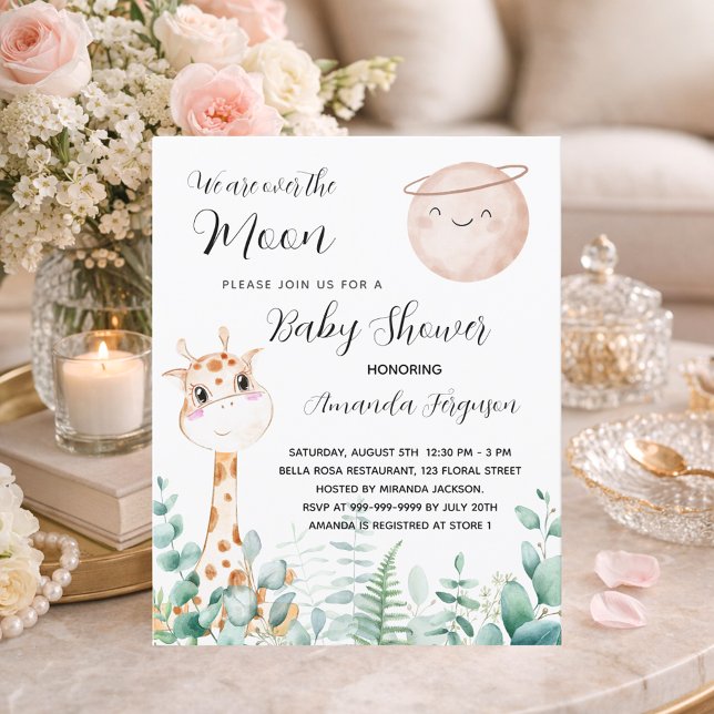 Baby shower lune girafe mignonne invitation (Créateur téléchargé)