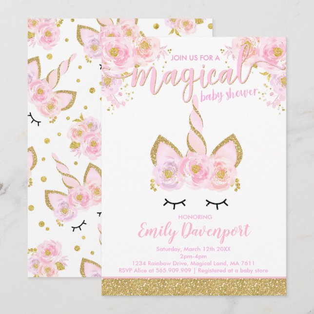 Baby shower magique Invitation Baby shower Unicorn (Devant / Derrière)