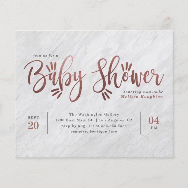 Baby shower Marbre blanc et Rose Gold Script (Devant)