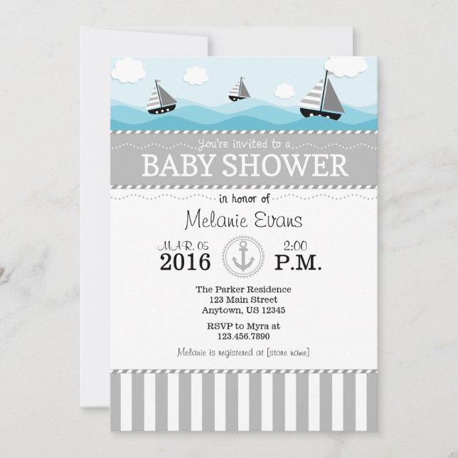 Baby shower marin gris bleu gris Invitation (Devant)