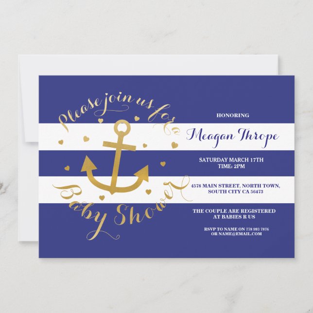 Baby shower Marine Ancre Bleue Invitation Gold Hea (Devant)