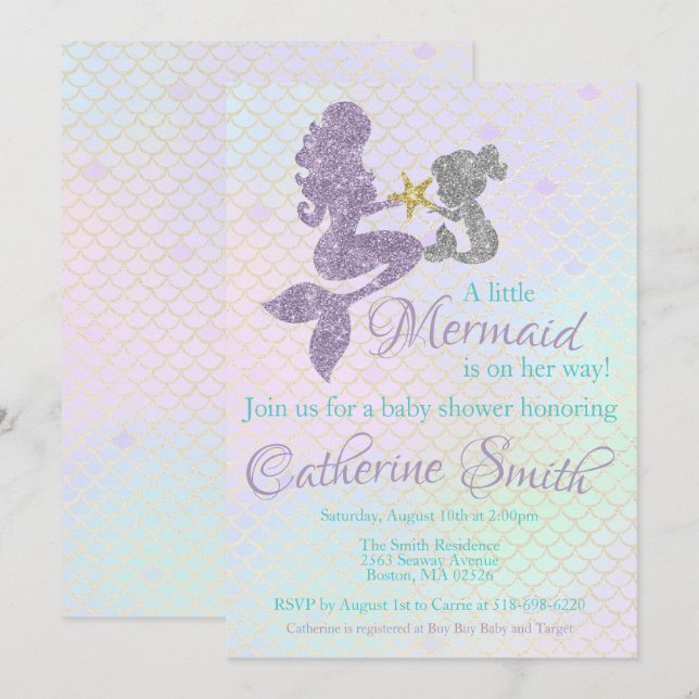 Baby shower Mermaid invitation Lavender Gold Turqu (Devant / Derrière)