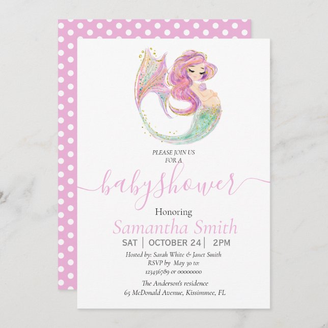 BABY SHOWER MERMAID Invitation rose (Devant / Derrière)