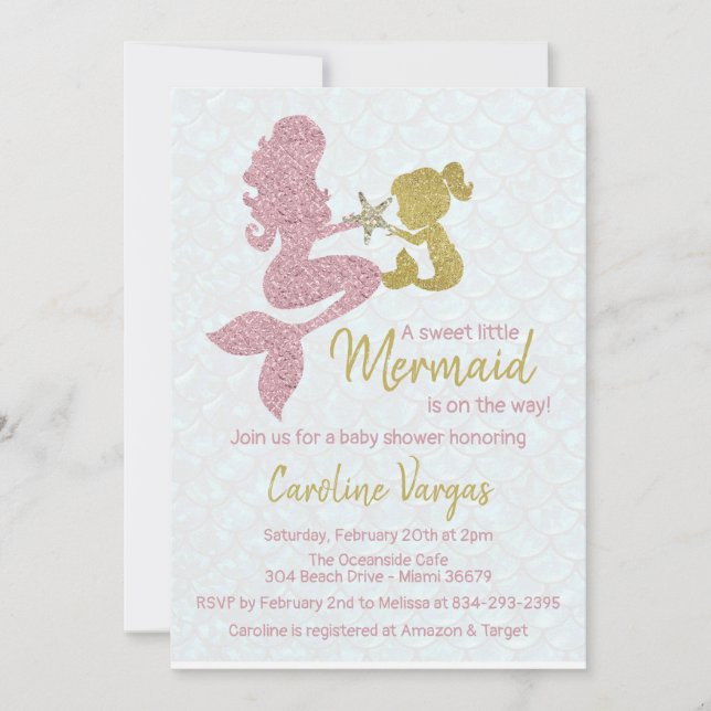 Baby shower Mermaid Invitation Rose Or & Or (Devant)