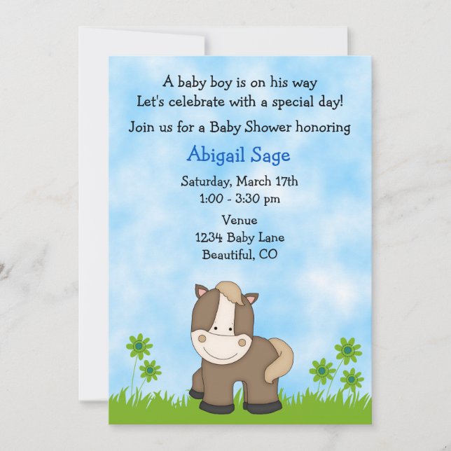 Baby shower mignon Pony Invitation pour les garçon (Devant)