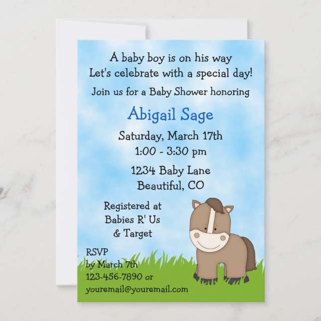 Baby shower mignon Pony Invitation pour les garçon (Devant)