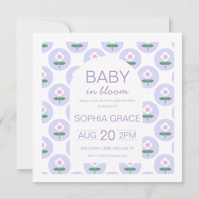 Baby shower mignon violet rose pâle invitation Fle (Devant)
