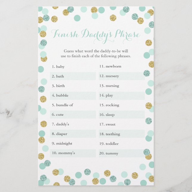 Baby shower Mint & Or Finish Daddy's Phrase Game (Devant)