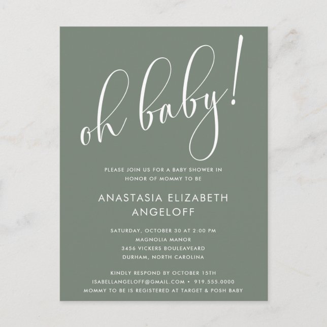Baby shower Moderne Script Sage Green Invitation (Devant)
