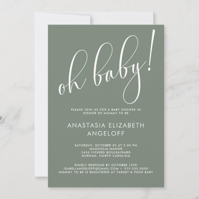 Baby shower Moderne Script Sage Green Invitation (Devant)