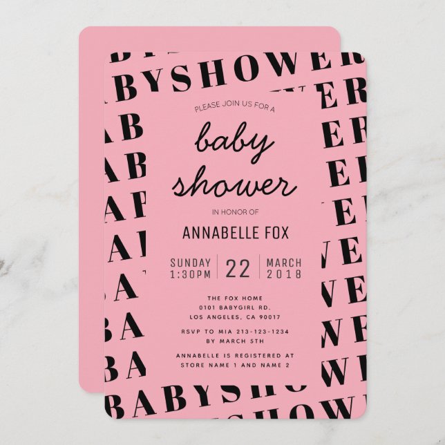 Baby shower moderne tendance rose noir Invitation (Devant / Derrière)