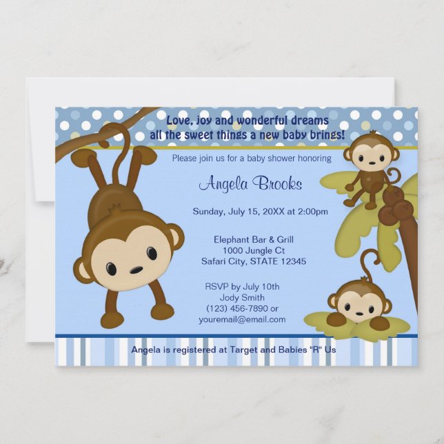 Baby shower MONKEY Invitation 3 Petits singes (Devant)