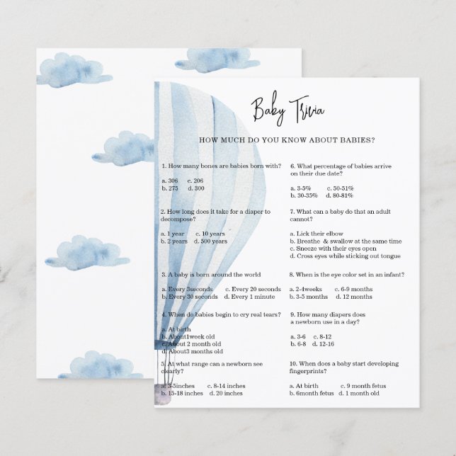 Baby Shower Montgolfière Bébé - Jeu de Quiz | Jeu  (Devant / Derrière)