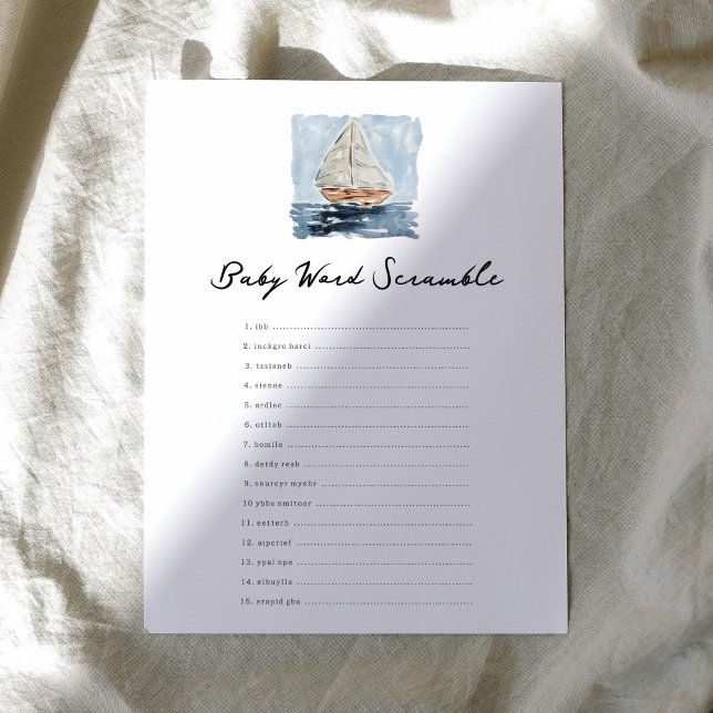 Baby shower Mot Scramble Nautique (Nautical watercolor sailboat chic baby shower baby word scramble game.)