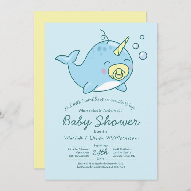 Baby shower Narwhal Kawaii Invitation (Devant / Derrière)