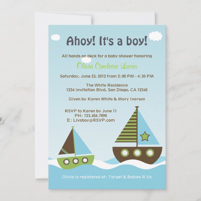 Baby shower Nautical Sailboat Baby Boy Invitation (Devant)