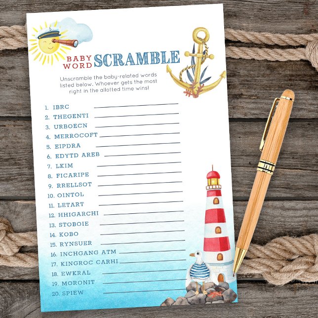 Baby shower Nautique Bébé Mot Scramble Jeu (Baby word scramble game card from my Ahoy it's a boy Nautical Baby Shower collection)
