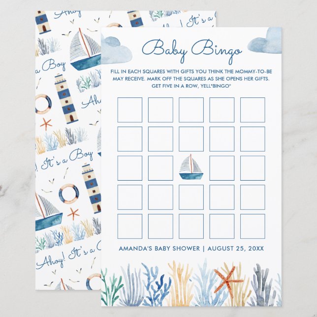 Baby shower Nautique Bingo Jeu (Devant / Derrière)