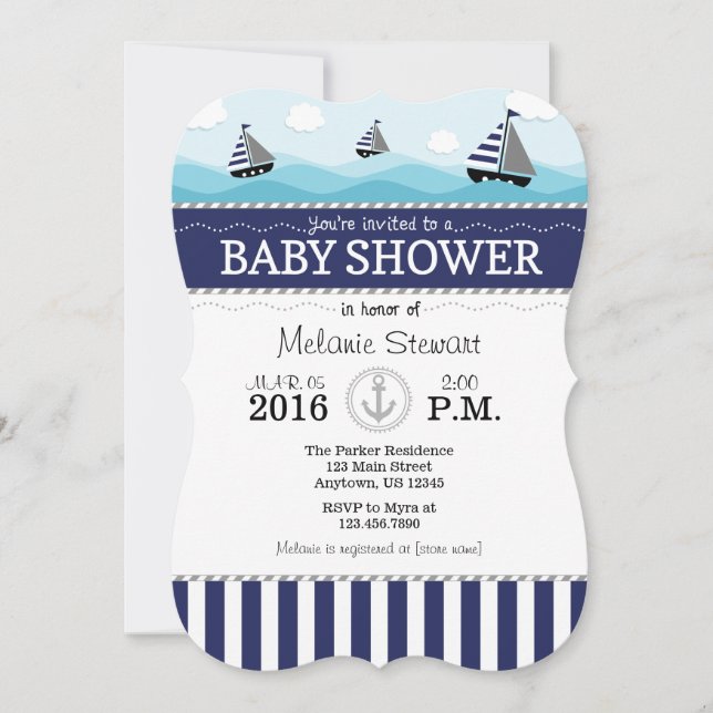 Baby shower nautique bleu marine Invitation (Devant)