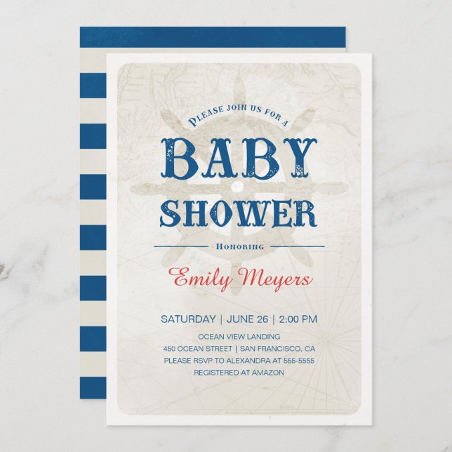 Baby shower nautique bleu marine Invitation (Devant / Derrière)
