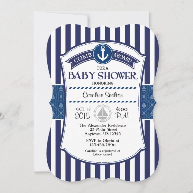 Baby shower nautique bleu marine Invitation (Devant)