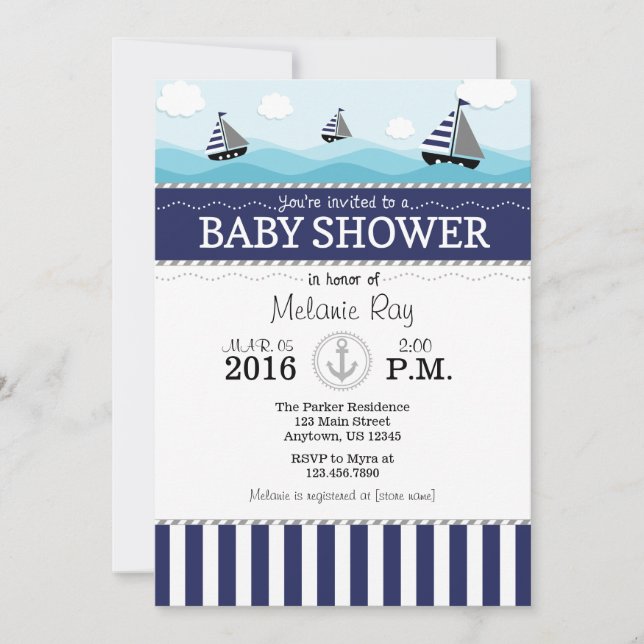 Baby shower nautique bleu marine Invitation (Devant)