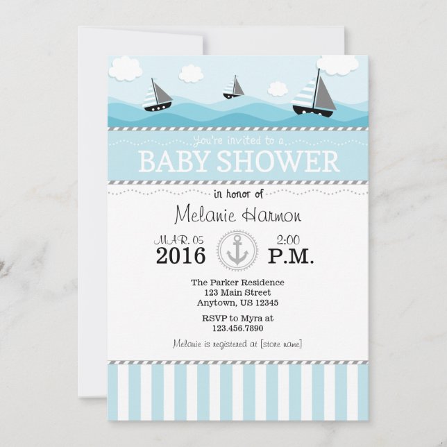 Baby shower nautique bleu poudre Invitation (Devant)