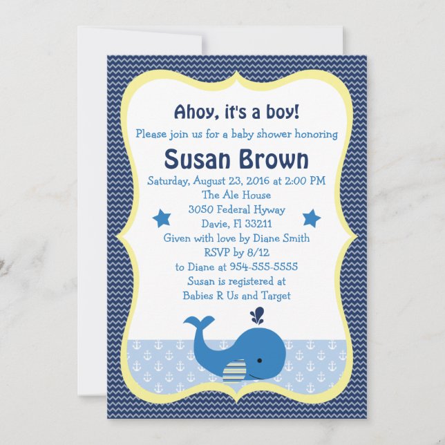 Baby shower nautique de baleine Invitation (Devant)