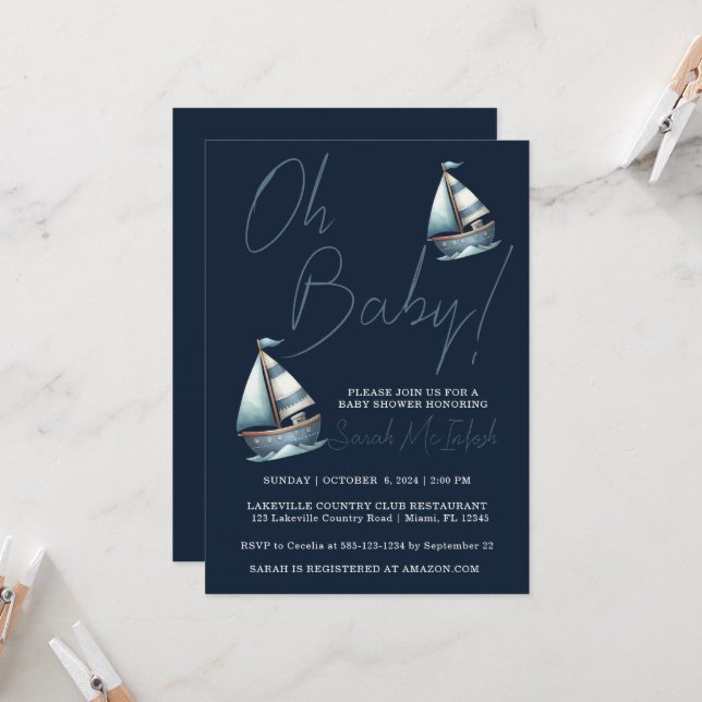 Baby shower nautique Invitation (Devant/Arrière en situation)