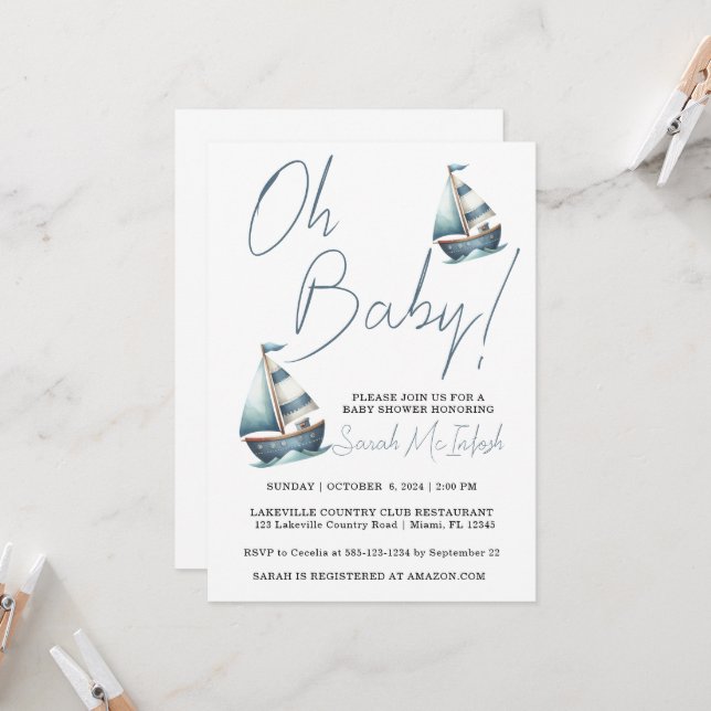 Baby shower nautique Invitation (Devant/Arrière en situation)