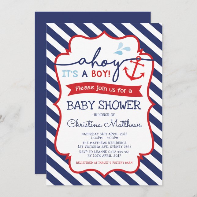 Baby shower nautique Invitation Ahoy C'est un garç (Devant / Derrière)