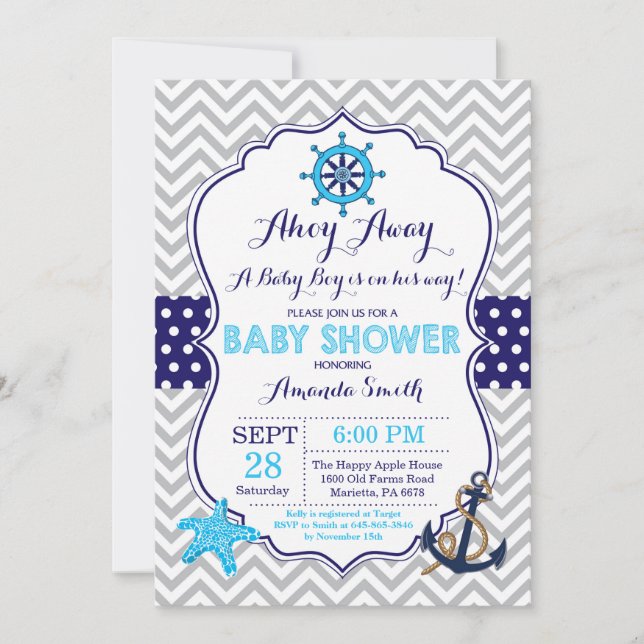 Baby shower nautique Invitation Marine Blue Grey (Devant)