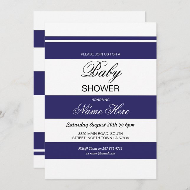 Baby shower Navy et White Stripe Party Invitation  (Devant / Derrière)