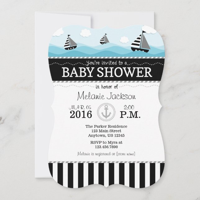 Baby shower noir bleu marine Invitation (Devant)