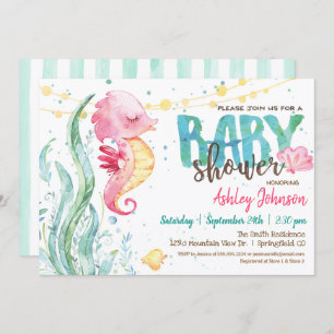 Baby shower Océan, invitation Girl Pink Seahorse