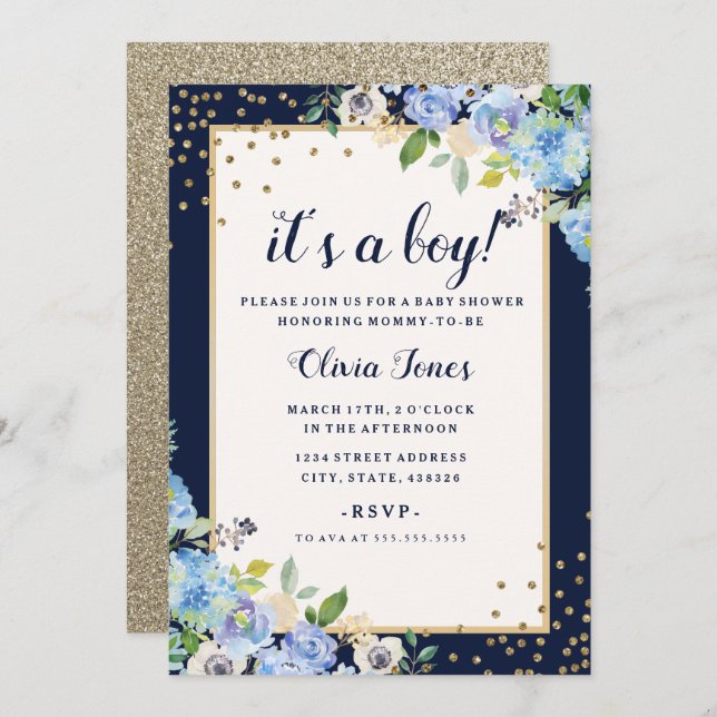 Baby shower or bleu floral Sparkle Boy Invitation (Devant / Derrière)