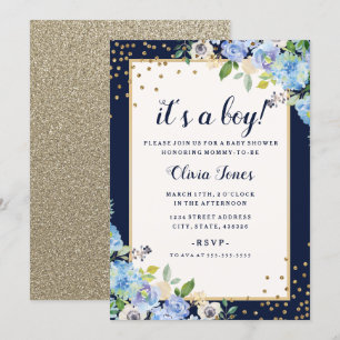 Baby shower or bleu floral Sparkle Boy Invitation