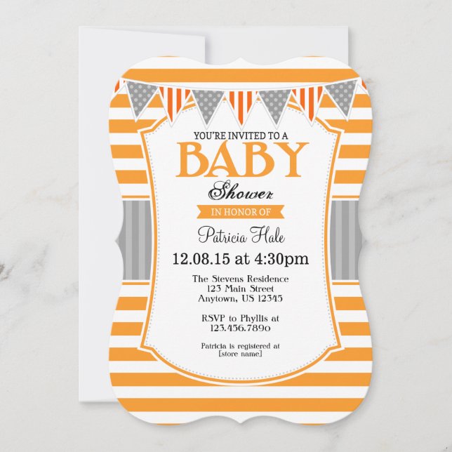 Baby shower Orange Grey Stripes Invitation (Devant)