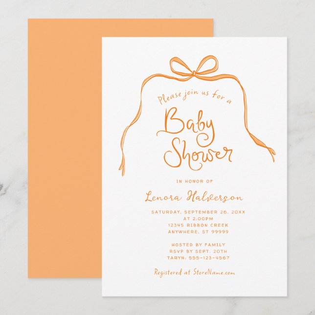 Baby shower Orange Simple Bow Invitation (Devant / Derrière)