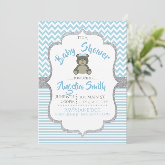 Baby shower Ours Bleu Teddy Invitation (Debout devant)