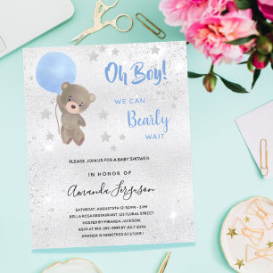 Baby shower ours en peluche garçon argent bleu inv