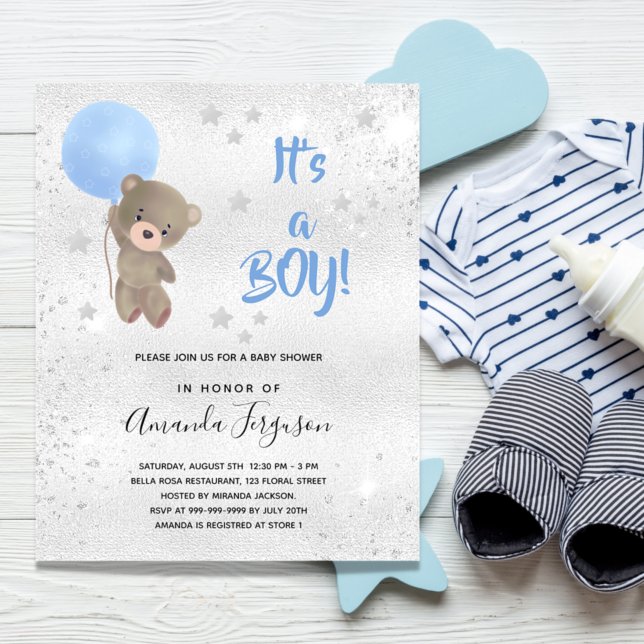 Baby shower ours en peluche garçon bleu argent inv (Créateur téléchargé)