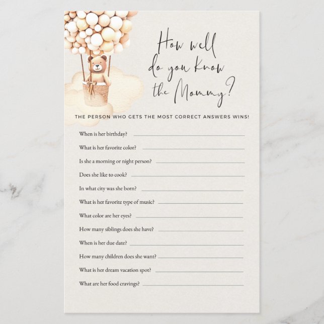 Baby shower Ours Jeu Comment Bien Savez-Vous (Devant)